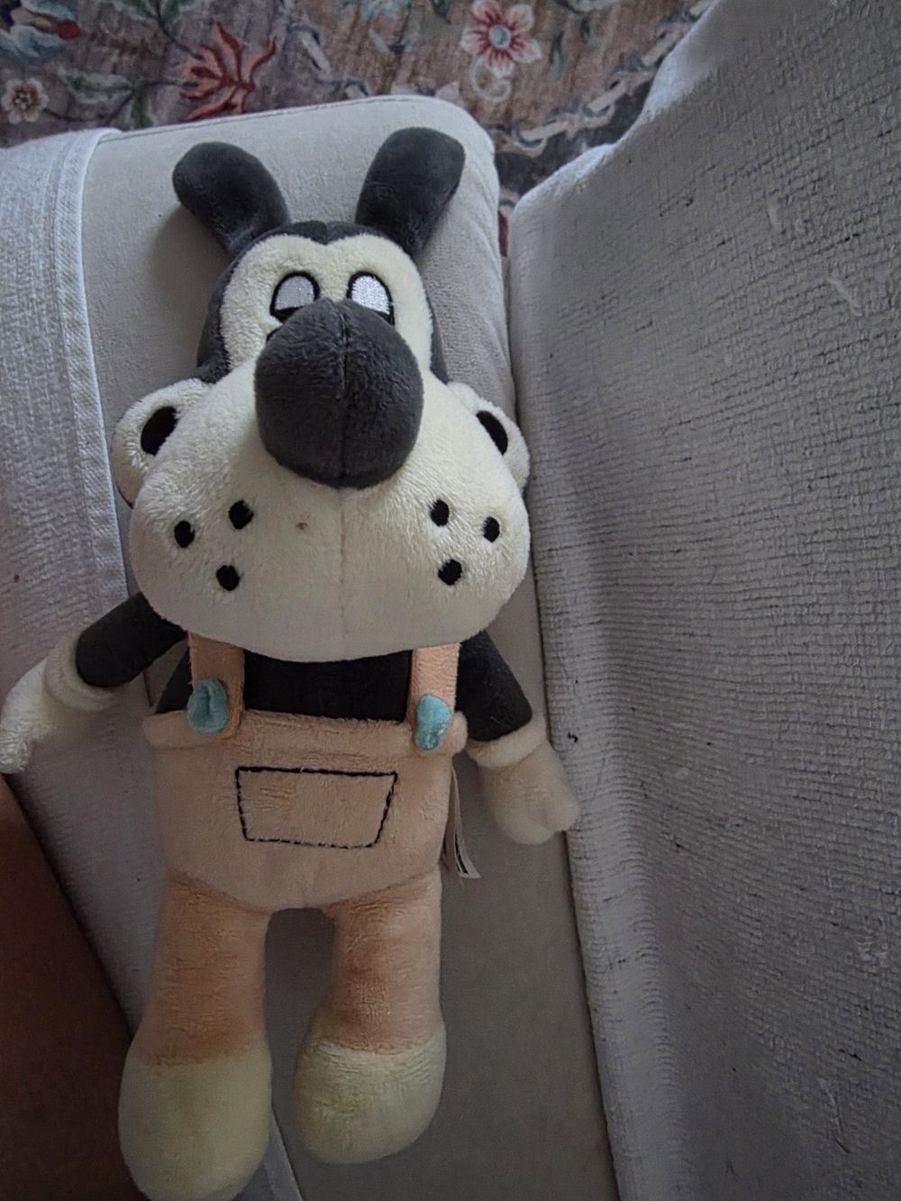 Plush Cartoon Dog Stuffed Toy in Cream, Black & Tan - Soft Overalls Design